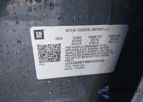 2021 Chevrolet Malibu Fwd Lt z USA, uszkodzony, nr VIN 1G1ZD5ST4MF005343